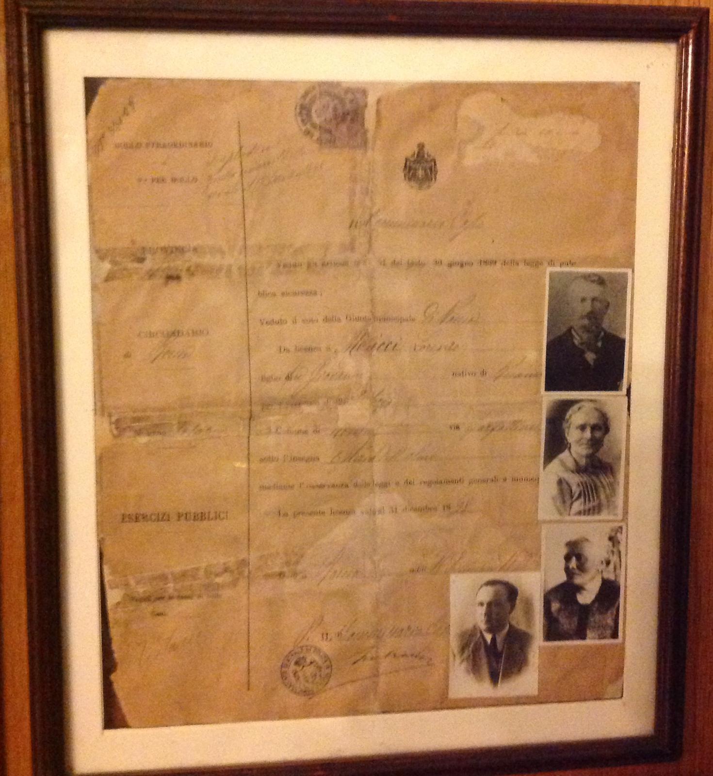 Licence avec laquelle Lorenzo et Clorinda ouvrirent le restaurant en 1887